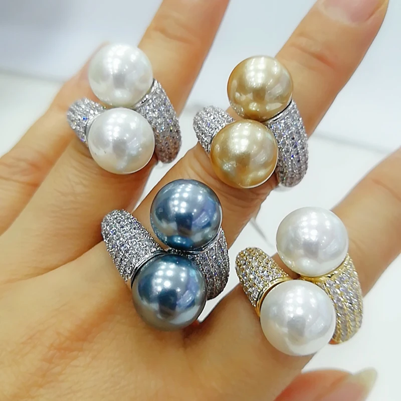 BrideTalk 2020 Trendy Round Pearl Statement Rings for Women Cubic Zircon Finger Rings Beads Charm Ring Bohemian Beach Jewelry