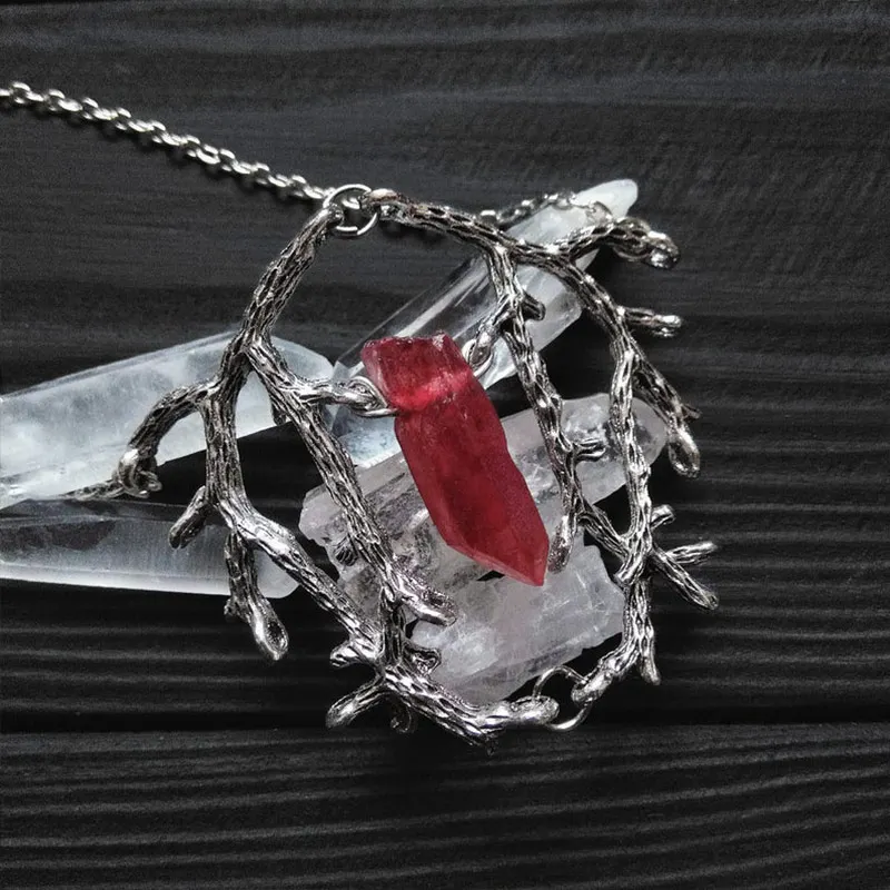 Red & Transparent Quartz Stone Branch Necklace Gothic Jewelry Witch Style Amulet Dark Forest Pagan Magic Wizard Mystery Gift New