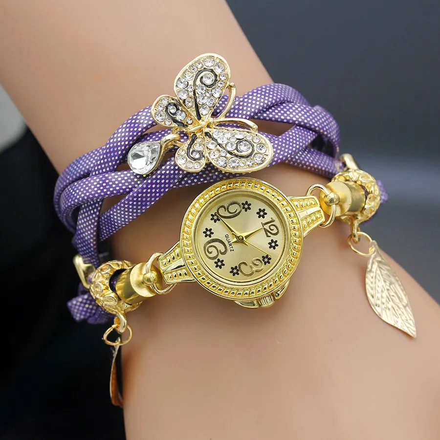 Shsby Fashion Women Rhinestone Watches Ladies Weave Rope Strap Butterfly Alloy Bracelet Quartz Wristwatch Women Gold Dress Watch