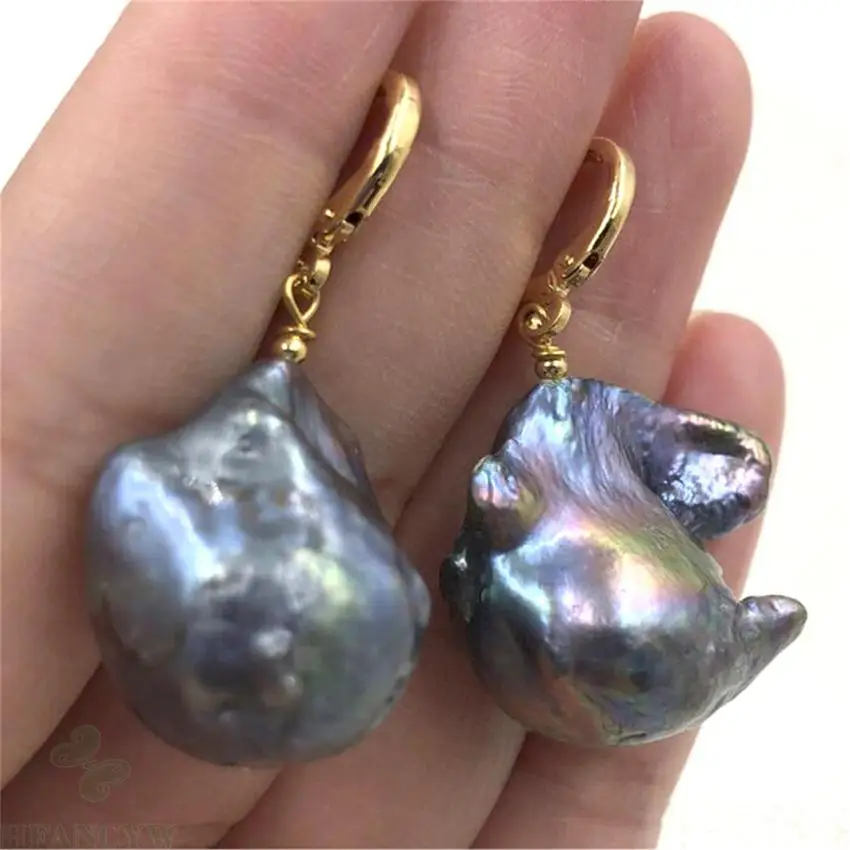 13-14MM ogromne czarne barokowe kolczyki 18K zลocenie TwoPin earbob morze poลudniowe zielona rdza dangler party