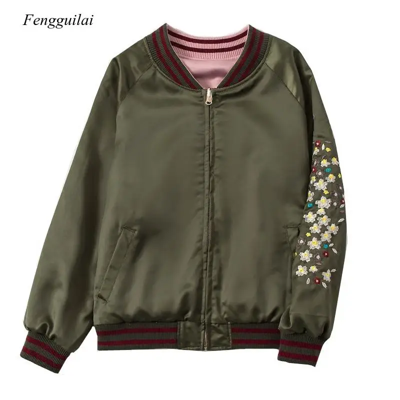 New Spring Fall Stand Collar Print Embroidery Pink and Green Phoenix Reversible Satin Baseball Jackets Casual Bomber Jacket