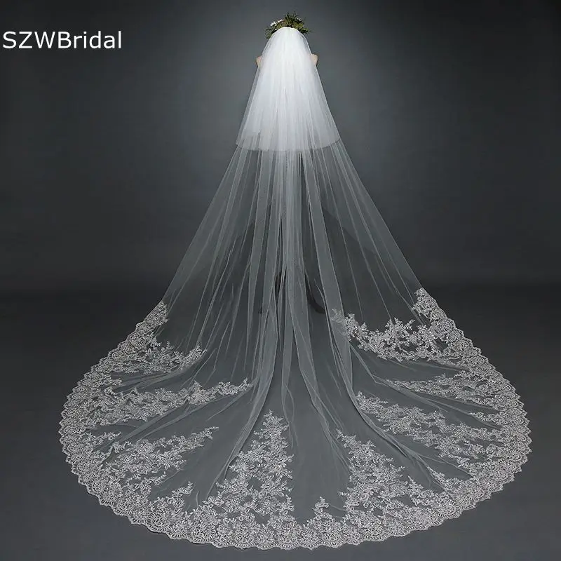 New Arrival White Ivory Cathedral Wedding Veils Long Lace Applique Two Layers Bridal Veil Braut headwear Fascinator bride veil