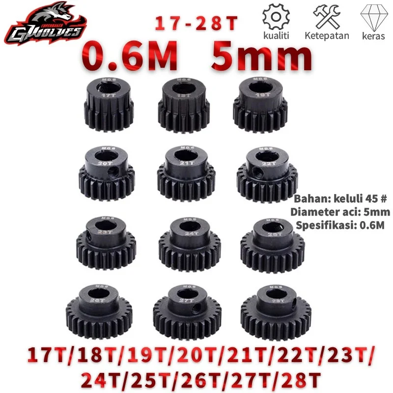 

17-28T Harden 0.6M RC Metal motor gear 5mm shaft motor steel teeth Refit upgrade HSP 94111 94107 94123 1/10 1/8 RC motor gear