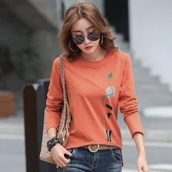 New Print T Shirt donna cotone coreano moda donna vestiti 2024 Casual primavera top autunno Tshirt manica lunga Tee Shirt Femme