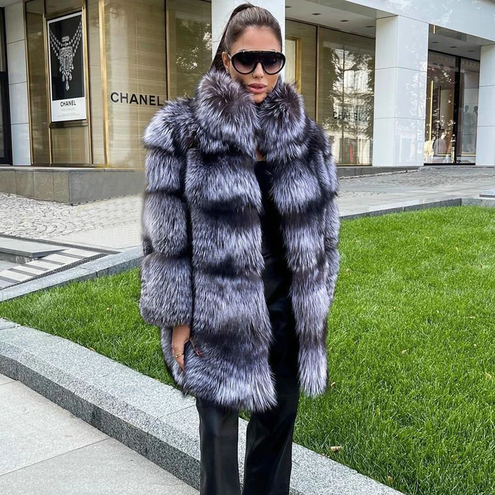 Medium Length Natural Silver Fox Fur Coat Stand Collar Woman Winter Fashion Whole Skin Genuine Silver Fox Fur Jacket Outwear