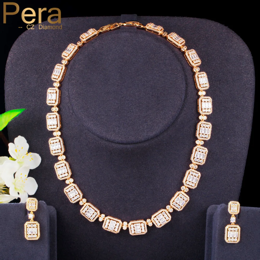 

Pera Classic Square Shape Dangle Earrings Choker Necklace Nigerian Gold Color CZ Zircon Wedding Party Jewelry Set for Women J403