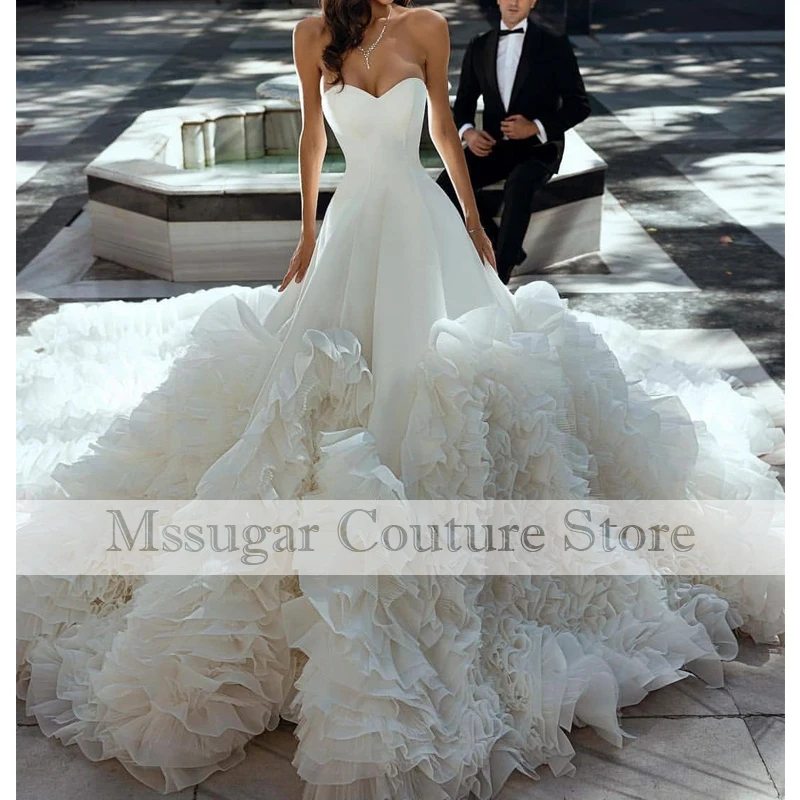 2022 Luxury Strapless A-line Wedding Party Dresses Tulle Satin Inform Bridal Gowns Custom Made For Women