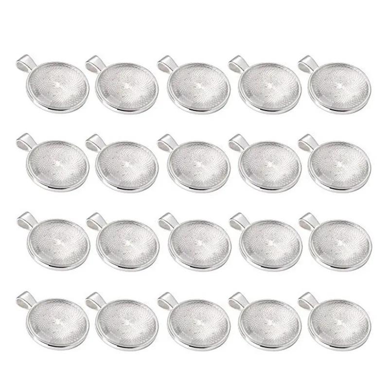 20 Sets 25mm Silver Round Shape Clear Crystal Glass Cabochons Cover Metal Cabochon Setting Base for DIY Pendant Jewelry Making