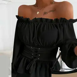 Women Shirt Autumn Casual Solid Long Sleeve Ruffled Hem Off Shoulder Top Blouse Sexy Elegant Office Street Tops блузка женская