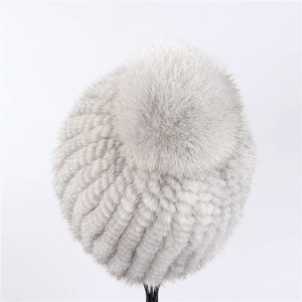 100% real mink fur hat women winter knitted beanie Russian Girls cap with fox fur pom poms thick female cap Elastic