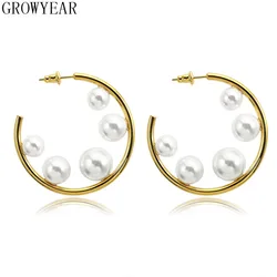 New Fashion Pearl Large Circle Statement Earrings for Women Studs Gold Color round Earring Party Jewelry Punk Collection