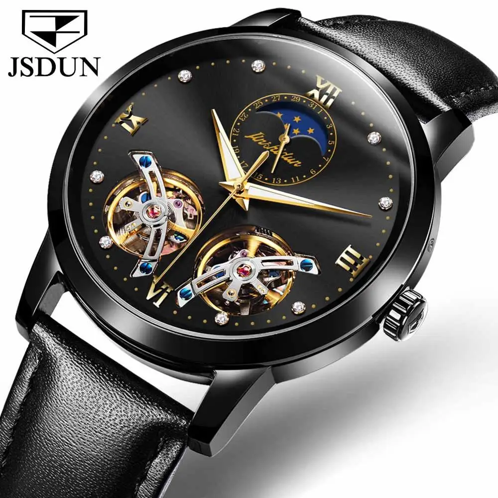 

Double Tourbillon Skeleton watchs Gold White Quadrant Moon Phase JSDUN Business Automatic Vigilance Mechanical 2021 watch