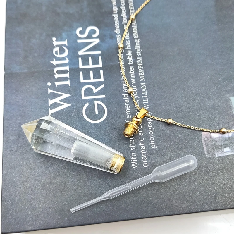 Natural Clear Quartz Perfume Bottle Necklace, Gold Silver Essential Oil Diffuser Pendant Charm, Healing Crystal Gift for Her