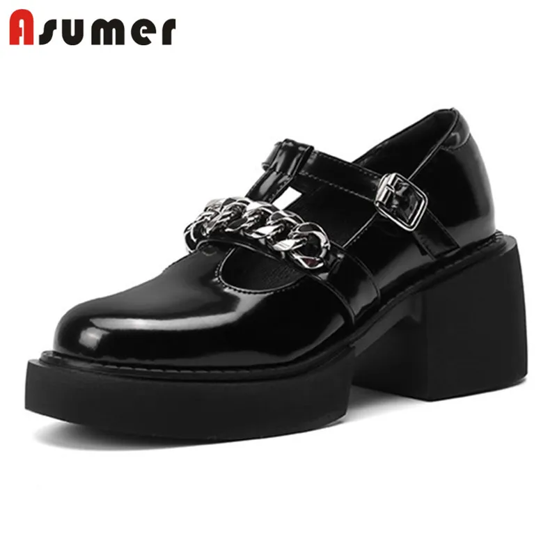 

Asumer 2022 Black Mary Janes Shoes Women Pumps Metal Decoration Chain Square Heels Platform Shoes Women Punk Shoes Newest