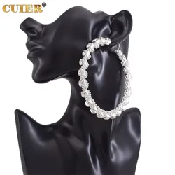 CUIER 8.5CM Huge Hoop Earring for Women Bead Chain Rhinestone winding Female Earrings Gift for Girls Big size Jewelry