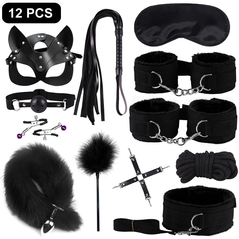 Sexy Leather BDSM Kits Plush Sex Bondage Set Handcuffs Sex Games Whip Gag Nipple Clamps Sex Toys For Couples Exotic Accessories