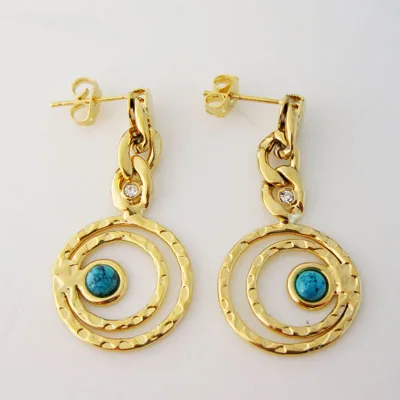 Foromance SIMULATION BLUE STONE AND CZ STONES DANGLE EARRING YELLOW GOLD PLATED GREAT GIFT