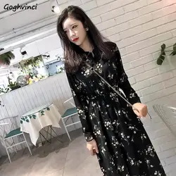 Long Sleeve Dress Women Floral-printed Chiffon Elegant Black Korean Style Leisure Slender Chic Student Streetwear Womens Vestido