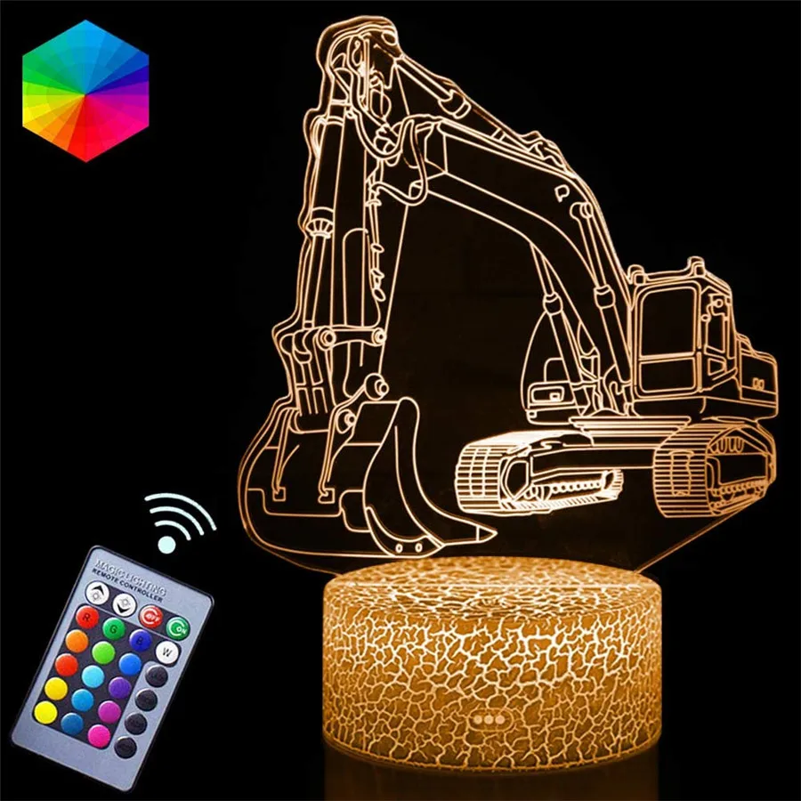 7 Colors 3D Excavator Led Table Lamp Acrylic Illusion Night Light USB/Battery Powered Indoor Decoration for Bedroom,Party,Bar