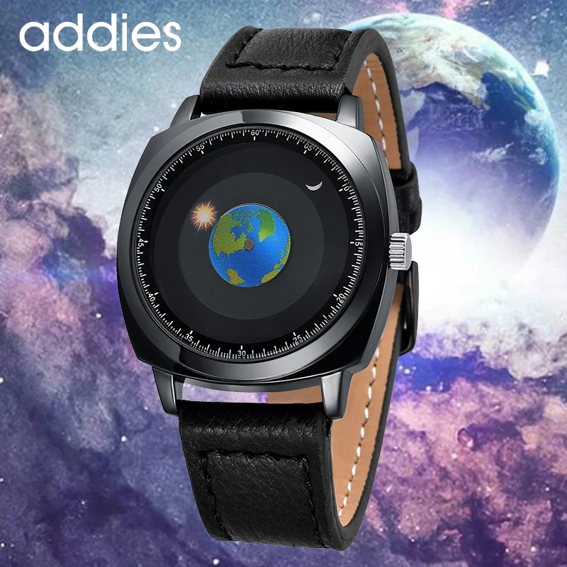 ADDIES New Men Watches Creative Design Rotation Earth Moon Sun Watch Waterproof Quartz Wristwatches Man Clock Reloj de hombre