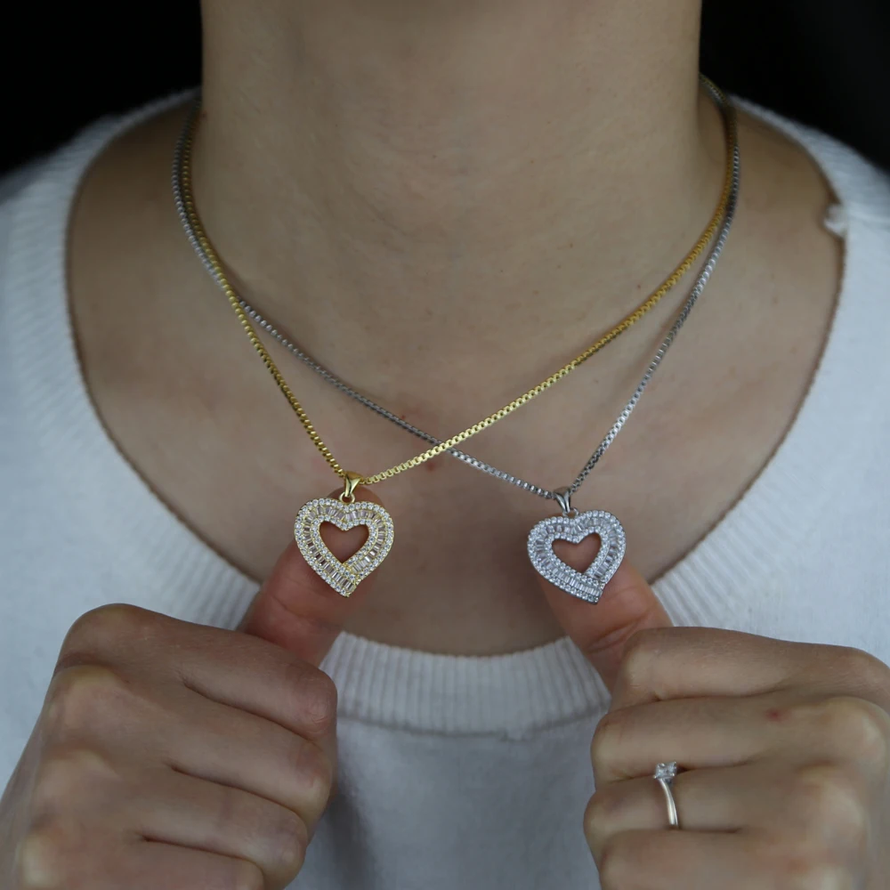 Gold Silver Color Full Paved CZ Heart Pendent Women Necklace Gorgeous Female Engagement Jewelry Necklaces Hot Selling box chain