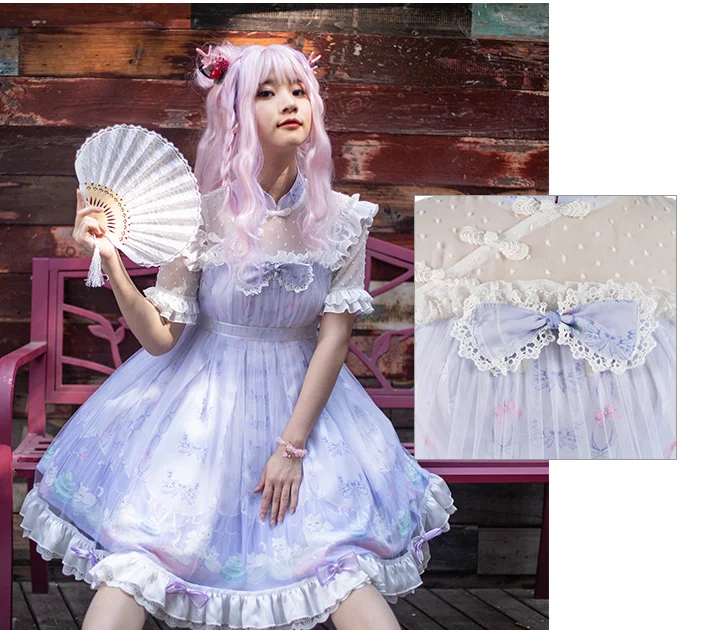 น่ารัก bowknot น่ารักพิมพ์สูงเอวเจ้าหญิงชุดวิคตอเรีย Kawaii สาว Gothic Lolita JSK Loli หวาน Lolita VINTAGE