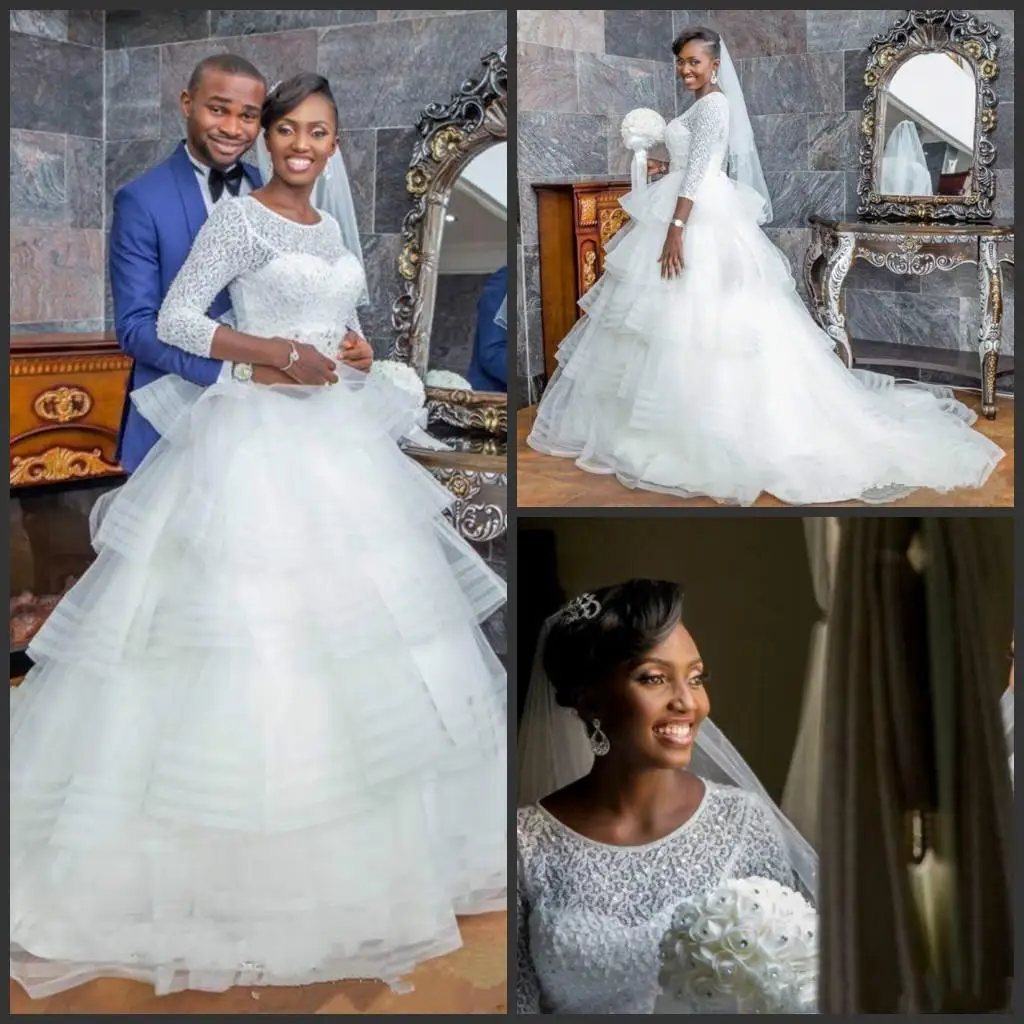 Personalizado novo nigeria vestidos de casamento jóia pescoço mangas compridas rendas vestidos de noiva em camadas saias praia boho plus size