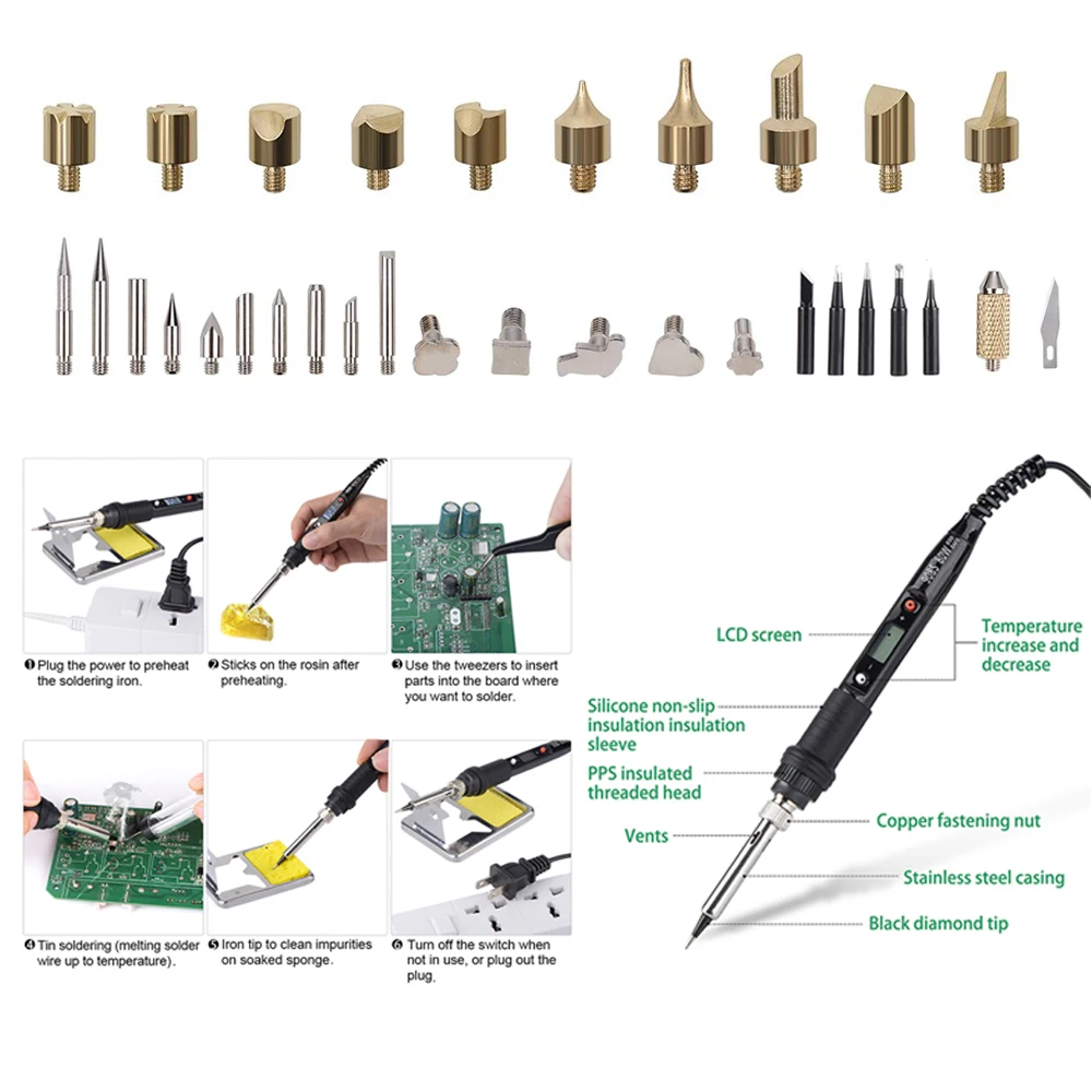 JCD 44 Pcs Electric Soldering Iron Wood Burning Kit Soldering Woodburning Embossing Carving Pyrography Pen Set Soldering Tips