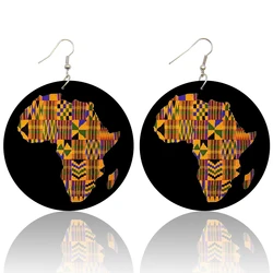 SOMESOOR Afro Fabric Artistic Printed Vintage Black Wooden Drop Earrings African Ethnic Bohemian Big Loops Dangle For Women Gift