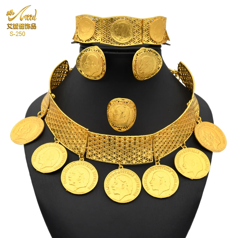 

ANIID Dubai Gold Plated Jewelry Set For Women Earrings And Necklace Coin Set For Ladies Nigeria African Bridal Jewellery Gift