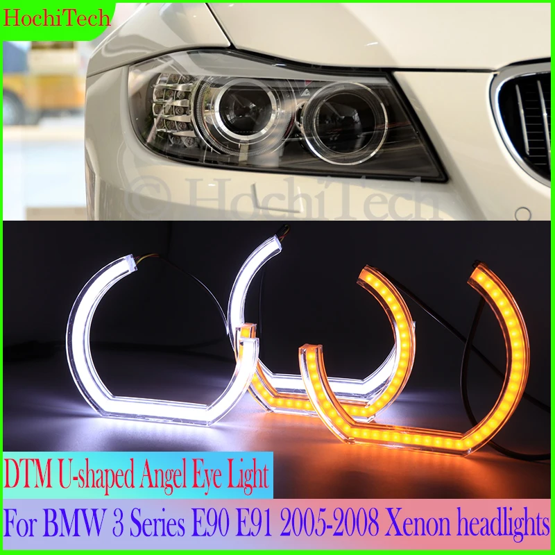 

Crystal DTM U-shape Angel Eyes White and Yellow Turn Signal Light For BMW 3 Series E90 E91 2005 2006 2007 2008 Xenon headlights