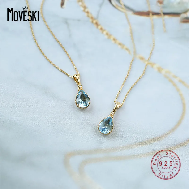 

MOVESKI 925 Sterling Silver Nordic Elegant Blue Crystal Water Drop Pendant Necklace Women Wedding Jewelry Gift