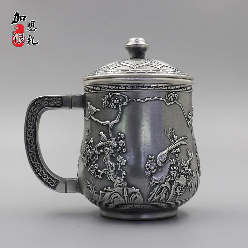 Foot Silver Teapot Pure Silver 999 Silver Cup Mug Pure Hand-made Dragon Phoenix Chengxiang Water Cup Household Side Handle Handy