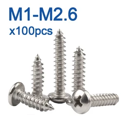 100pcs/lot Self Tapping Screw Stainless Steel Cross Recessed Round Head M1 M1.2 M1.4 M1.5 M1.7 M1.8 M2 M2.2 M2.3 M2.5 M2.6