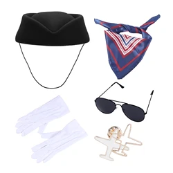 Women's Stewardess Costume Accessories Flight Attendant Cap Scarf Gloves Sunglasses with Corsage Badge Air Hostess Cosplay Set