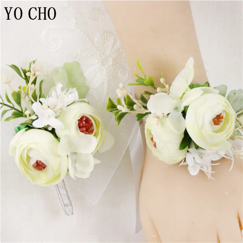 YO CHO Künstliche Blumen Bräutigam Bouton Mann Brautjungfern Mädchen Handgelenk Corsage Armband Hochzeit Blumen Boutonnieres Party Decor