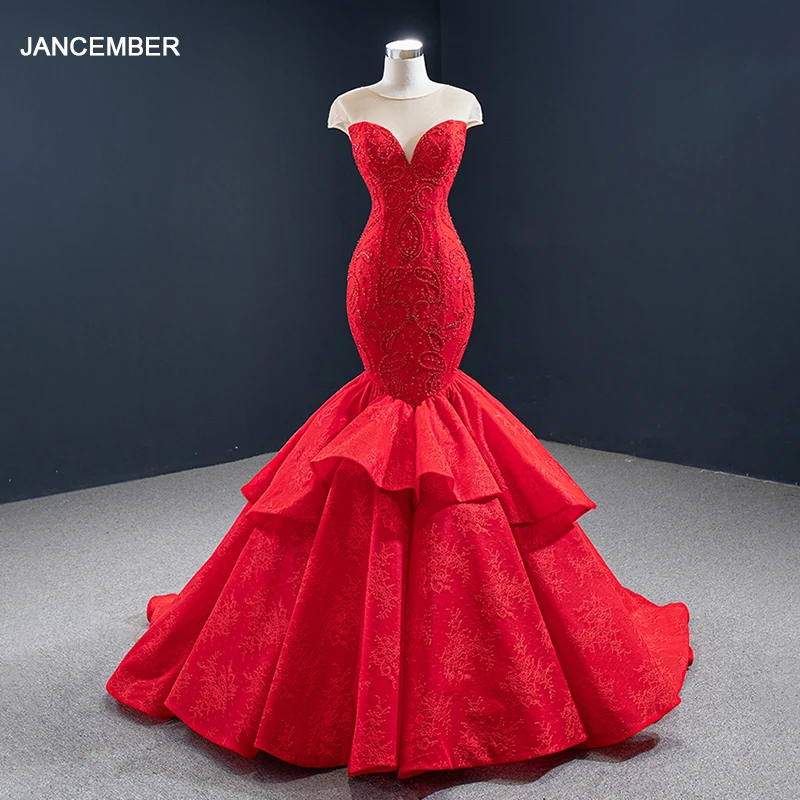 J67149 Jancember Red Mermaid Evening Dress Upper Beaded Lower Skirt Composite Lace Round Neck Short Sleeve Dress Robe de soirée