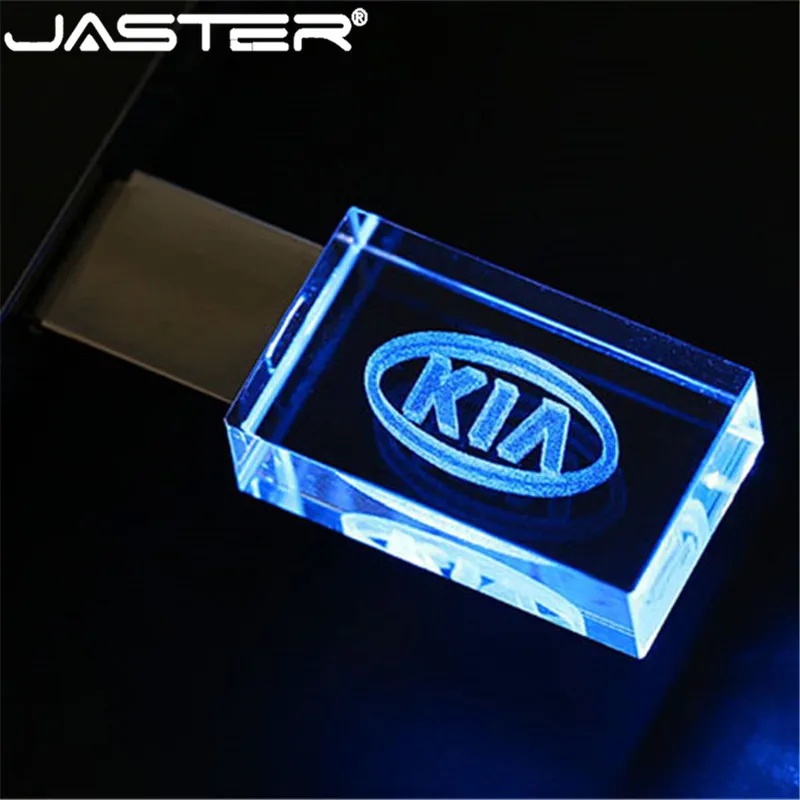 JASTER 2.0 Flash Drives 64GB Crystal Car LOGO Pen Drive 32GB Blue LED light USB Stick 16GB Pendrive 8GB Gift External Storage