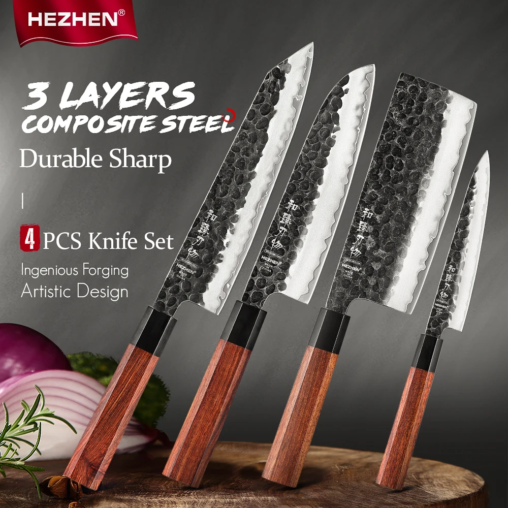 HEZHEN 1-4PC Knife Set Chef Utility Stainless Steel Sharp Cook Knives Tools Beautiful Gift Box Slice Kitchen Knives