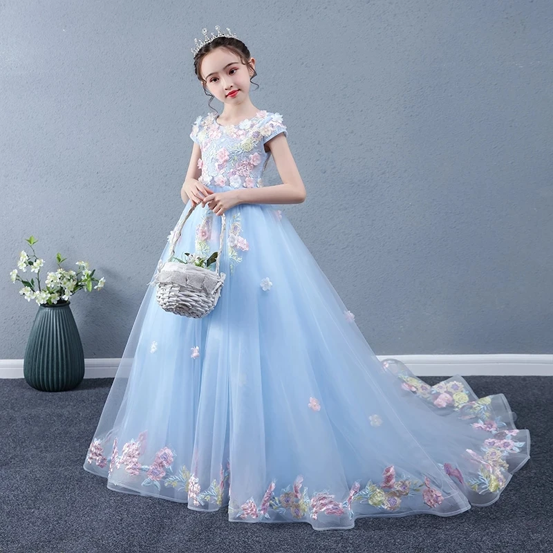 Flower Girl sukienki na ślub z wycięciem z krótkim rękawem sukienki komunijne dla dzieci aplikacje perłowa koronka w górę Princess Dress