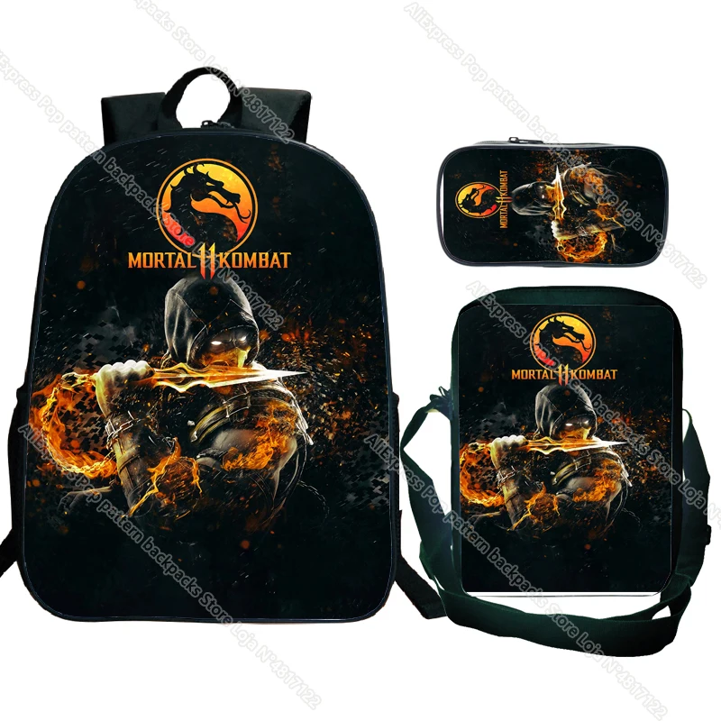 Conjunto de 3 piezas de dibujos animados Mortal Kombat, Mochila para estudiantes, mochilas escolares para niños, mochilas para adolescentes