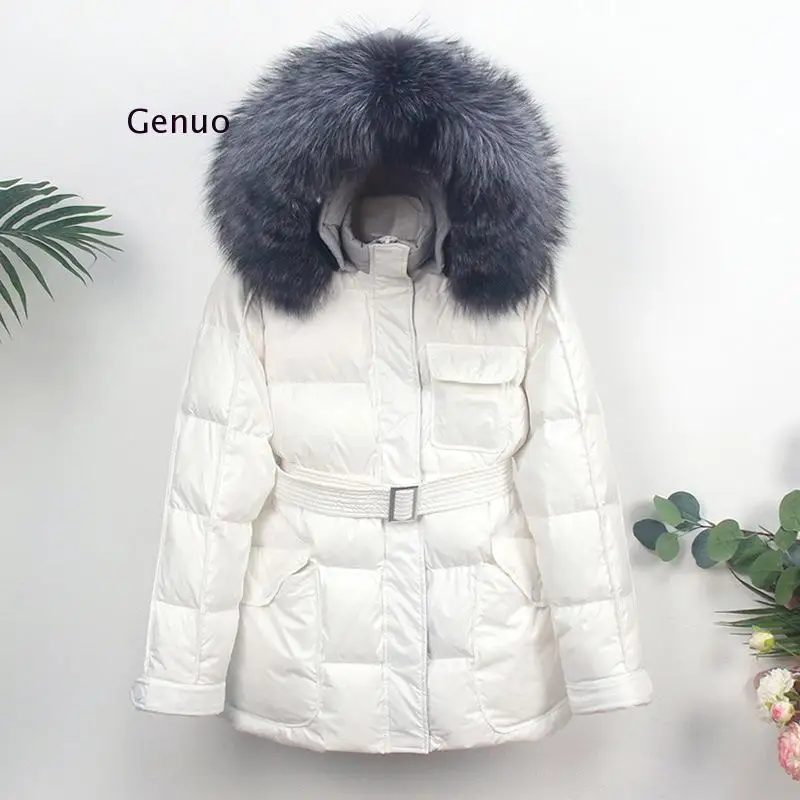 2021 Women Winter Short Down Parka White Down Duck Coat Thick Warm Puffer Jacket Real Natural Fox Fur Female Outwear with Belt