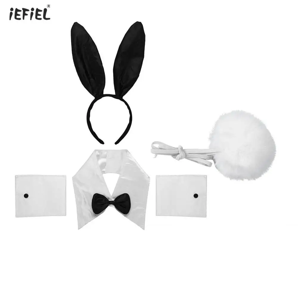 Déguisement de lapin pour filles, Lingerie érotique pour femmes, bandeau d'oreille de lapin Sexy avec nœud papillon, ensemble de manchette et queue