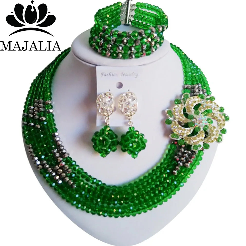 Fashion Crystal Green Necklace African Wedding Nigeria Major Holiday Bridal Jewelry Wedding Dress Accessories Set SJ-16