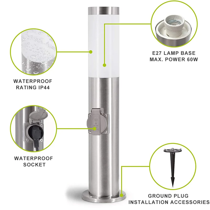 Outdoor Garden Floor Light EU Socket 3680W Energy Column E27 Base Yard Lamp Lawn Lamp For Garden Décor Mower Electrical Outlet