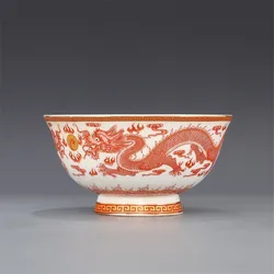 Qing Dynasty Qianlong Year Mark Bowl Alum Red Dragon Painting Gold Double Dragon Pattern Bowl Antique Porcelain Collection