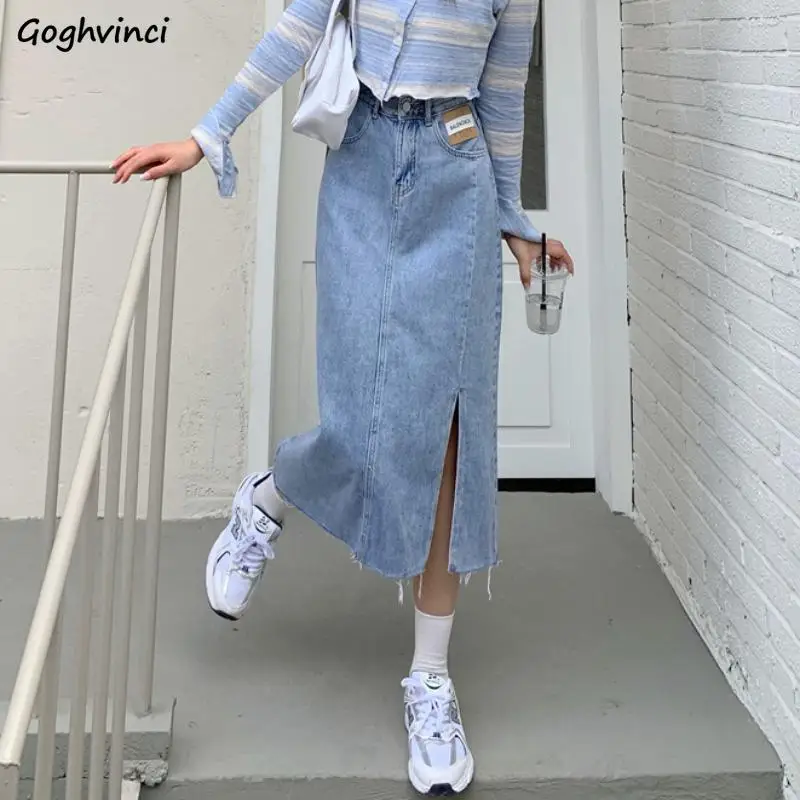 

Women Midi Skirts Denim Letter Slender Slide-slit Retro Classic Korean Style Teenagers Hipster High Quality All-match Summer Hot