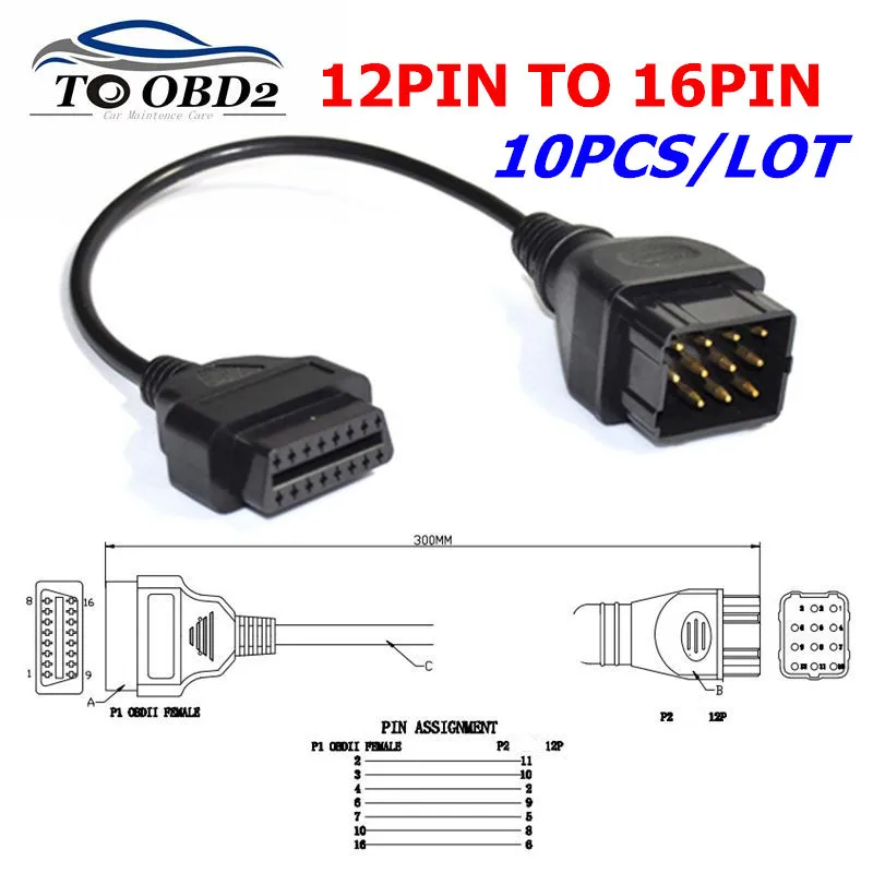 10PCS/LOT For Renault 12PIN To 16PIN OBD2 Female Cable for Renault 12 PIN Male to OBD2 Female Cable OBD2 Diagnostic Cable