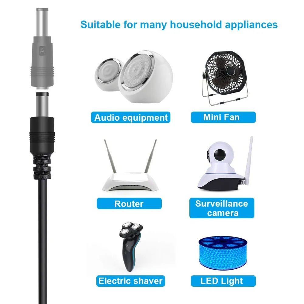 Universal Power Cable USB to DC 5.5 * 2.1mm Jack 5V Charging Cord with 8 Selectable Connector Tips for CCTV Cameras TV Box