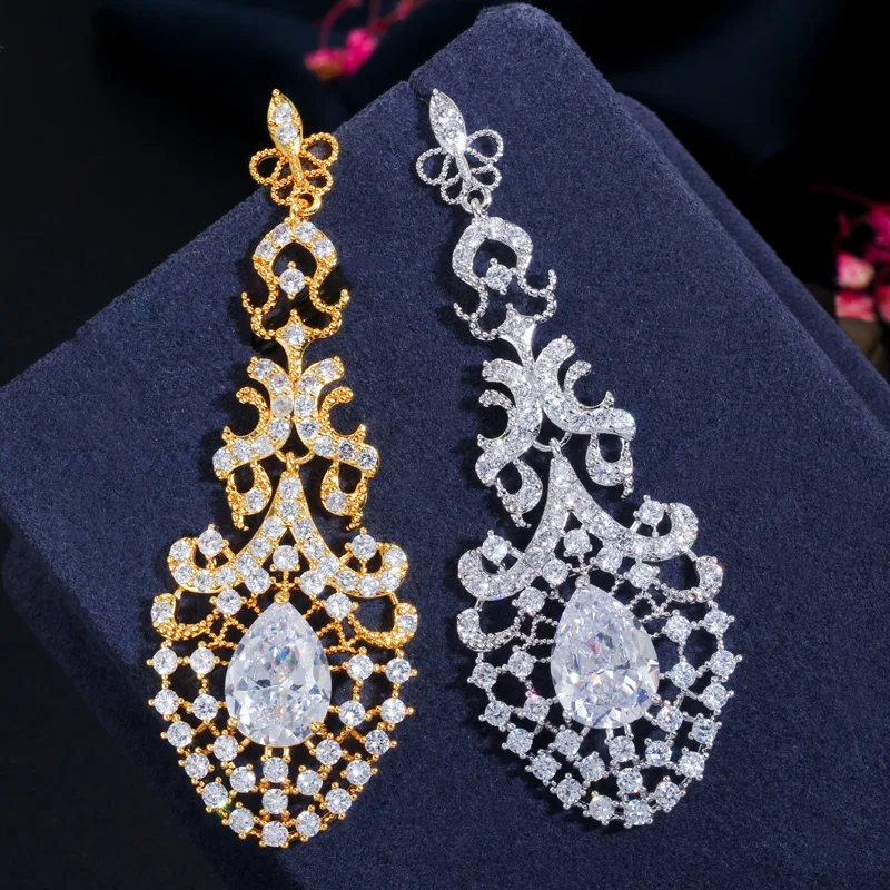 CWWZircons Royal Vintage Women Wedding Party Dress Jewelry Long Big 585 Dubai Gold Plated Earrings for Brides Accessories CZ650